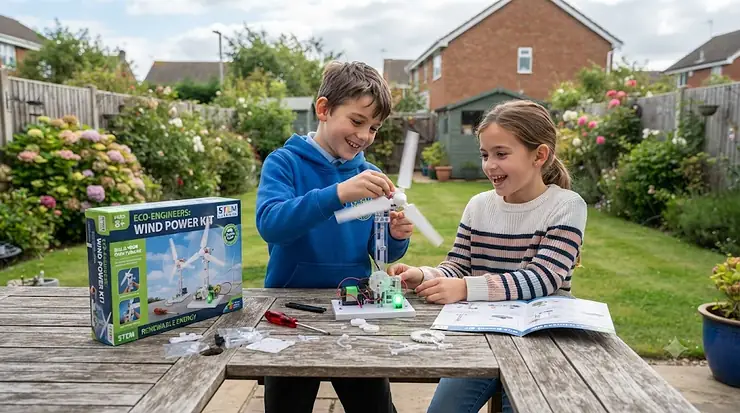 Two children building and testing a wind power kit for kids in a British garden, learning about renewable energy. wind power kit for kids