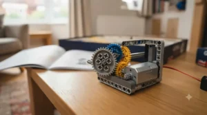Close-up of interlocking plastic gears and axles demonstrating mechanical movement in an advanced building toy