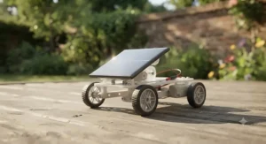 A fully functional miniature vehicle built from a solar power building kit moving forward powered by light.