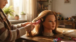 A young child carefully brushing the blonde locks of a doll hair styling head as part of an interactive hairstyling playset activity.