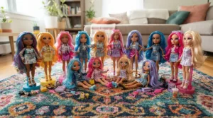 A value selection of Rainbow High dolls unboxed together on a colourful playroom rug