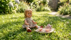 A Disney Princess doll for toddlers seated at a plastic table during a garden picnic