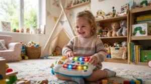 A musical Disney Princess doll for toddlers being held by a young child during playtime