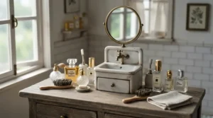 A detailed doll accessories set for Barbie highlighting a miniature bathroom vanity and beauty products.