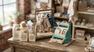 A trendy doll accessories set for Barbie designed as a miniature fashion boutique with shopping bags.
