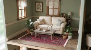 A comprehensive doll accessories set for Barbie featuring miniature living room furniture and decor on a wooden floor.