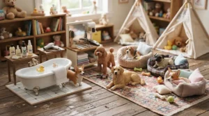 A delightful doll accessories set for Barbie set up as a miniature pet grooming salon with tiny animals.