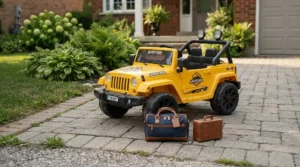 A stylish doll accessories set for Barbie including a miniature pink convertible car and travel gear.