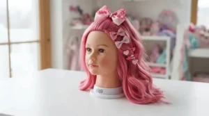 A doll hair styling head featuring clip-in hair extensions and bright bows for creative salon games.