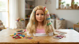 A colorful doll hair styling head displayed on a child's bedroom table alongside a hairbrush and clips during a pretend play session.