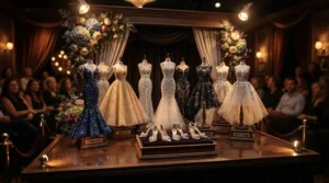 Sparkling evening wear from collection of fashion doll clothes sets ready for a grand celebration