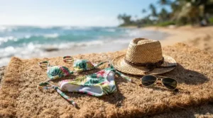 Summer holiday fashion doll clothes sets with bright swimwear, sunglasses, and sunhats