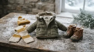 Winter-themed fashion doll clothes sets including cosy coats and miniature boots displayed on a snowy backdrop