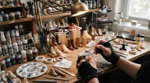 A fashion doll shoes pack laid out on a craft desk alongside customisation tools