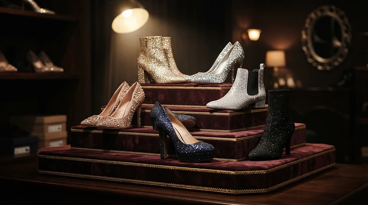 A glamorous fashion doll shoes pack featuring sparkling party heels and glitter boots