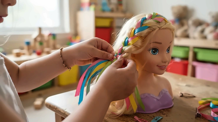 Practising fine motor skills by weaving colourful ribbons into the braids of a doll hair styling head.