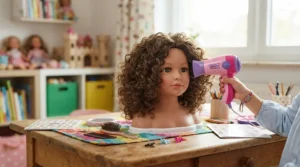 A toy hair dryer held near a doll hair styling head to complete a fun hairdressing toys activity.