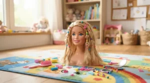 A cheerful doll hair styling head set up on a colorful play mat for a creative hairdressing toy game.