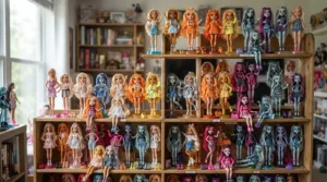 Collector display shelf featuring various colourful Rainbow High dolls in dynamic poses