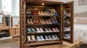 A miniature fashion doll shoes pack stored neatly inside a stylish toy wardrobe