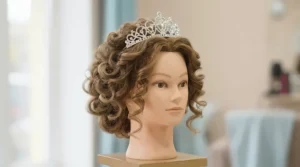 A decorative doll hair styling head adorned with a sparkly tiara and styled curls for royal pretend play.