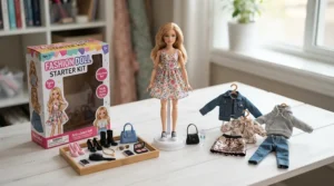 A new Rainbow High doll starter pack laid out with accessories and spare outfits
