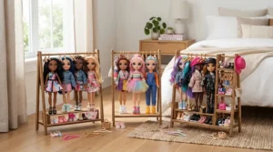 Colourful Rainbow High dolls arranged neatly in a bright bedroom fashion studio setup