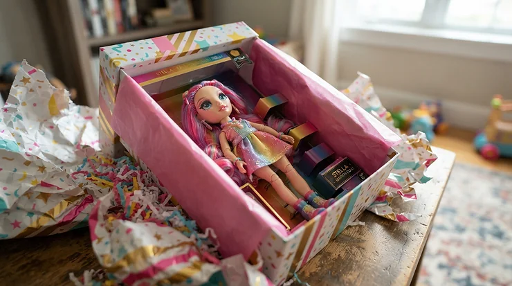 A special edition box of Rainbow High dolls opened with colourful tissue paper