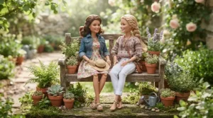 Rainbow High dolls posed creatively on a sunny garden bench amongst spring flowers