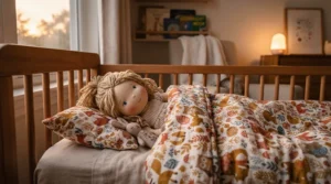 A soft-bodied Disney Princess doll for toddlers tucked into a cot with cozy blankets
