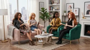 Trendy teen doll aesthetic showcased by stylish Rainbow High dolls in a modern lounge
