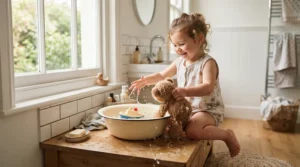 A washable soft baby doll for toddlers shown alongside a playful splashing tub scene featuring a weighted soft body baby doll for toddlers.