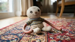 Close-up of a weighted soft body baby doll for toddlers highlighting its soft fabric torso and smooth vinyl limbs on a rug.