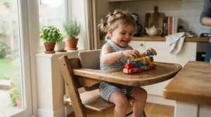 A toddler pretending to feed a weighted soft body baby doll for toddlers sitting in a miniature highchair.