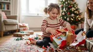 A smiling one-year-old opening a colourful gift box containing a weighted soft body baby doll for toddlers on a living room floor.
