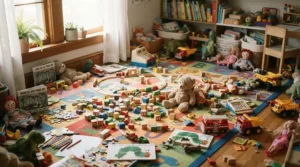 Several wooden toys and a weighted soft body baby doll for toddlers arranged neatly on a playroom rug.