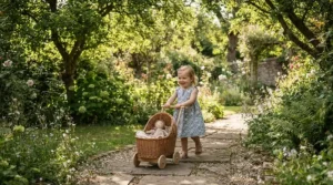 A toddler wheeling a toy pushchair containing a weighted soft body baby doll for toddlers along a leafy park pathway.